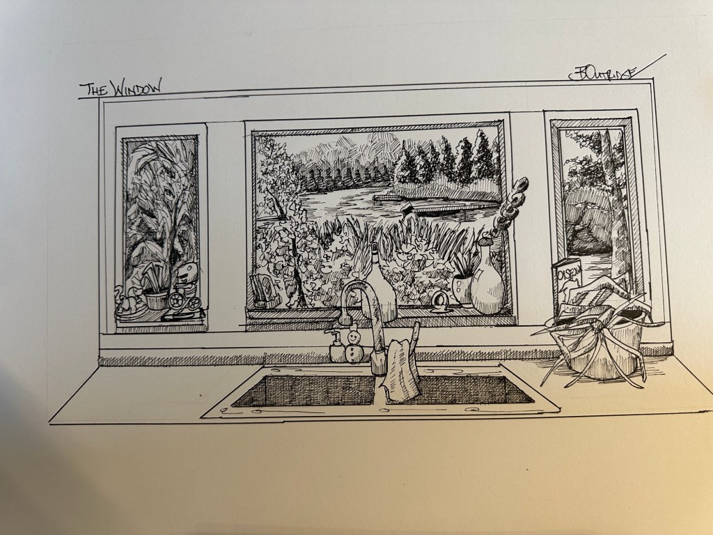 Artwork by Bruce Outridge of the scenery out of the kitchen window